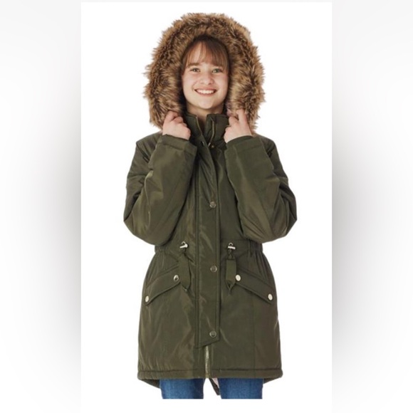 Members Mark Girls Ultimate Parka Olive Green with Faux Fur Hood 10/12 - Picture 1 of 5